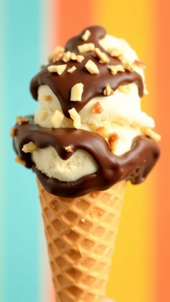 A chocolate drumstick ice cream cone with vanilla ice cream, chocolate coating, and nuts on a colorful background.
